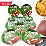 Ten green paper plates with a football and 'GAME TIME' text, displayed with a football and a bowl of chips.