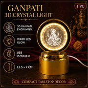 A graphic detailing the 'Ganpati 3D Crystal Light' features: 3D engraving, warm LED, USB powered, and compact size.