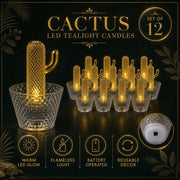 A large gold cactus LED tealight with a clear base is shown alongside a set of twelve, with feature icons below.