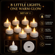 A graphic displaying eight lit LED tealight candles, with features like realistic flicker, flameless, and compact size.