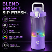 A purple portable blender with a glowing multicolor LED ring, highlighting its features on a dark background.