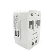 Angled view of the white universal travel adapter, showing its various ports and retractable pins.
