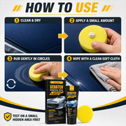 Four step guide showing how to clean, apply, rub, and wipe car scratch removal wax on a blue car.