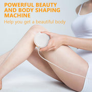 A person in a white tank top and white pants holds a white massager with a white pad on their leg. Text reads, 