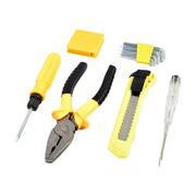 Six yellow and black tools, including a screwdriver, pliers, and a utility knife, arranged on a plain white background.