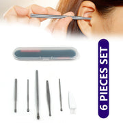 The 6-piece silver ear cleaning kit with a clear case and a vertical purple banner stating 