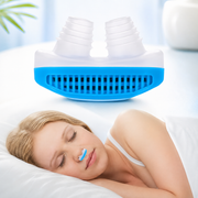 A blue and white anti-snoring nose clip with a sleeping woman wearing a smaller blue clip in her nose.