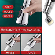 A hand demonstrates the chrome faucet sprayer head's stop, mode 1, and mode 2 functions with text labels.