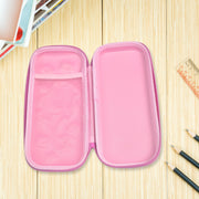 The open pink interior of a mermaid pencil case, showing a mesh pocket on one side, on a light wooden surface with pencils.