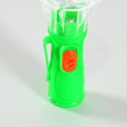 A close-up of the green plastic body of the flashlight with an orange button and a small clip.