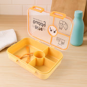 Open yellow 4-compartment lunch box with orange cutlery inside, next to a light blue water bottle.