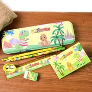 A yellow dinosaur-themed stationery set, including a pencil case, two pencils, a ruler, a notebook, an eraser, and a – view 3