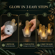Three steps show how to use the cactus LED tealights: switch on, place in base, and enjoy the glow.