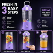 A three-step graphic showing how to use the purple portable blender: add, blend, and sip.