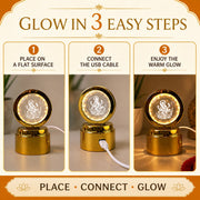 A three-step graphic showing how to use the Ganpati 3D crystal light: place, connect USB, and enjoy the glow.