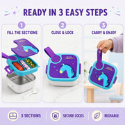 A three-step graphic demonstrating how to fill, close, and carry the blue and purple lunch box with a horse print.