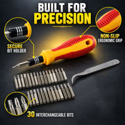 A yellow and red screwdriver with 30 interchangeable bits and a metal pry tool, highlighting its ergonomic grip.