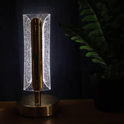 A lit gold and clear crystal table lamp on a dark surface with a green plant in the background.