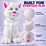 A white plastic cat toy with pink ears and nose, showing close-ups of its textured body, smooth shape, and integrated