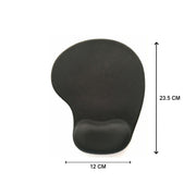 A black ergonomic mouse pad with wrist support, showing dimensions of 23.5 cm length and 12 cm width.
