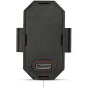 Close-up of the bottom of the black LED strobe light, highlighting the micro USB charging port.