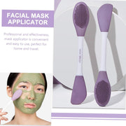 A split image showing a woman applying a face mask with the brush and two brushes standing upright on a white surface.