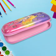 An open mermaid pencil case displaying its pink interior, with colorful pencils and watercolor paints in the background.