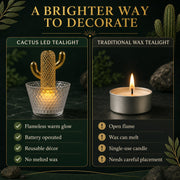 A comparison chart highlights the benefits of a cactus LED tealight versus a traditional wax tealight.