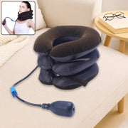 A three-tier inflatable neck traction device with a hand pump on a cream-colored couch, with an inset of a woman wearing it.