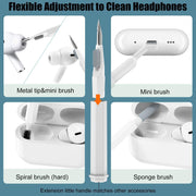 Four insets demonstrating headphone cleaning with a metal tip, mini brush, spiral brush, and sponge brush.