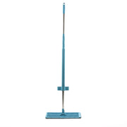 A full view of the blue and silver flat mop with a grey microfiber pad on a white background.