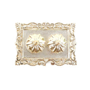 A gold rectangular pooja thali with two flower-shaped containers, on a white background.