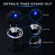A black car cup holder ashtray with close-ups highlighting its blue LED, inner tray, and diamond texture.