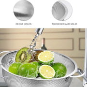A stainless steel strainer bowl with kiwis and limes being rinsed under water, with close-ups of dense holes and thickened