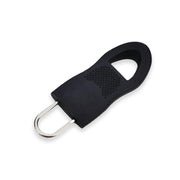 A black rubber zipper pull tab with a silver metal loop is shown on a plain white background.