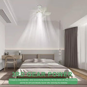 A white ceiling fan with light is installed in a modern bedroom, with light rays emanating from it.
