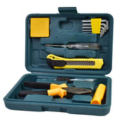 Open teal tool kit on a white background, showcasing various yellow and black tools, including pliers, screwdriver, and