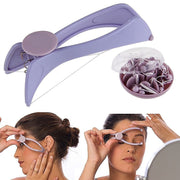 A purple hair threading tool with extra threads, and a woman using the tool on her eyebrow.