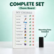 A white chore board with all tasks marked incomplete, next to a black rectangular mounting dot accessory.