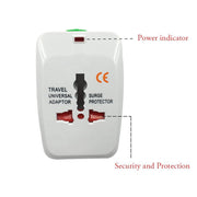 Close-up of the white universal travel adapter's front, highlighting the power indicator and security features.