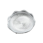 A silver plastic scalloped serving bowl with a textured bottom is centered on a white background.