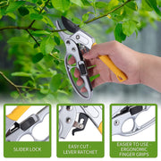 A hand holding silver and yellow pruning shears near green leaves, with feature callouts below.