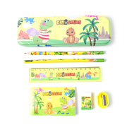 A yellow dinosaur-themed stationery set, including a pencil case, two pencils, a ruler, a notebook, an eraser, and a – view 5