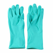 Two large teal rubber gloves with textured palms are displayed side-by-side on a white background.