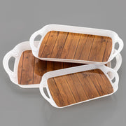 Pack of 3 multicolor serving trays in small, medium, and large sizes for serving or decor.