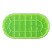 Top-down view of a green oval silicone ice cube tray with a clear lid, on a white background.