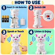 A four-panel guide illustrating how to use the white cat toy: inserting batteries, switching it on, speaking to it, and