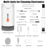 White multi-tool cleaning kit with all 20 labeled components and their functions on a white background.