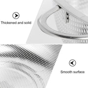Close-up views of the stainless steel strainer bowl highlighting its thickened handle and smooth, perforated surface.