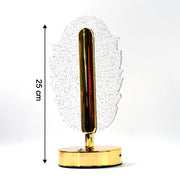 A feather-shaped crystal table lamp with a gold base on a white background, showing a 25 cm height measurement.